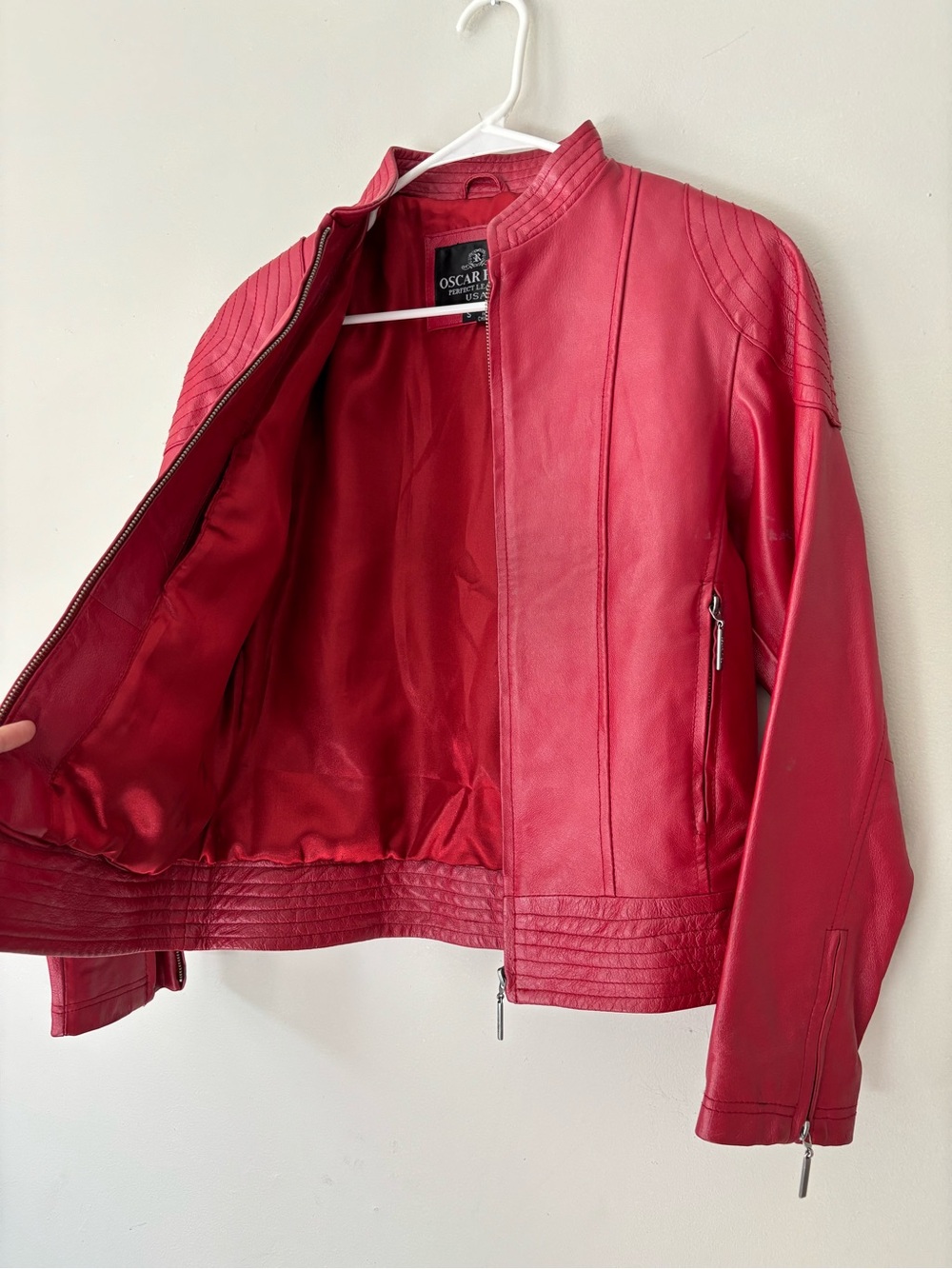 Y2K Cherry Red Grunge Streetwear Leather Zipper Biker Moto Jacket - XS Small